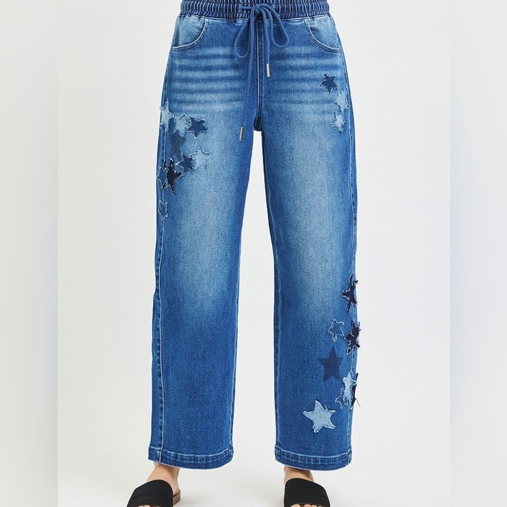 💥3/$180💥Blue Star-Embroidered Wide Leg Women’s Jeans Sz S M L XL